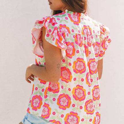 Rose Floral Ruffled Sleeve Ric-rac Trim Split Neck Loose Blouse