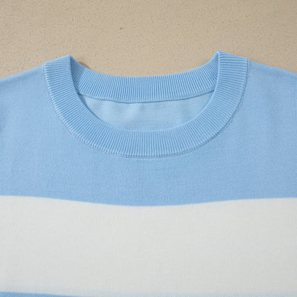 Sky Blue Stripe Colorblock Plus Size Short Sleeve Sweater