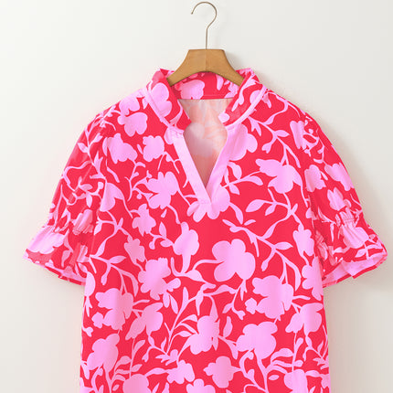 Red Floral Split V Neck Ruffled Short Sleeve Blouse Top