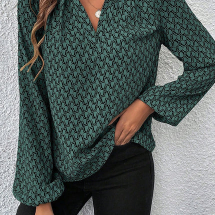 Green Geometric Print Notched Neck Puff Sleeve Blouse