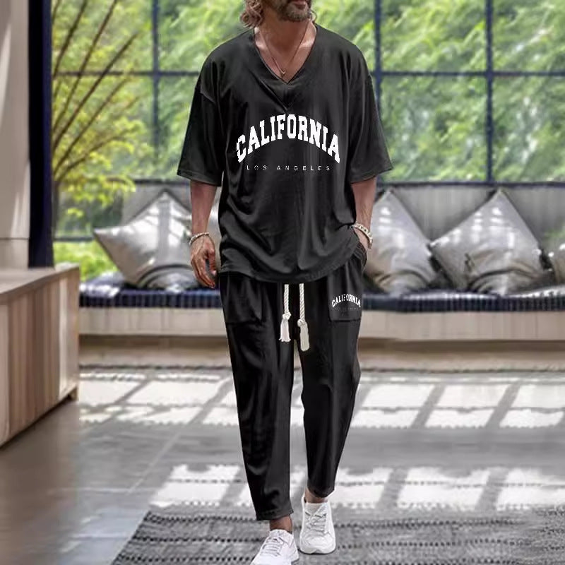 Cropped Sleeves V-neck Trousers Suit