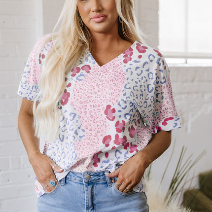 Pink Mixed Leopard Print V Neck Short Sleeve Blouse
