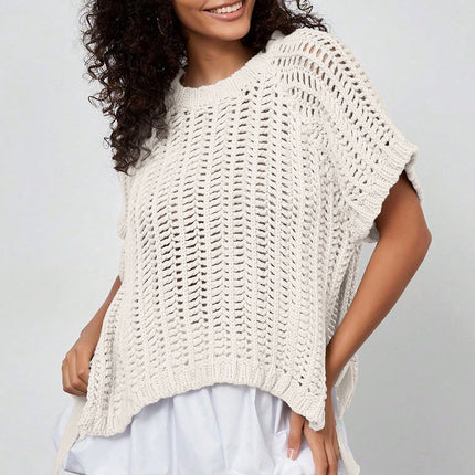 Apricot Plus Size Open Knit Bow Tie Short Sleeve Sweater