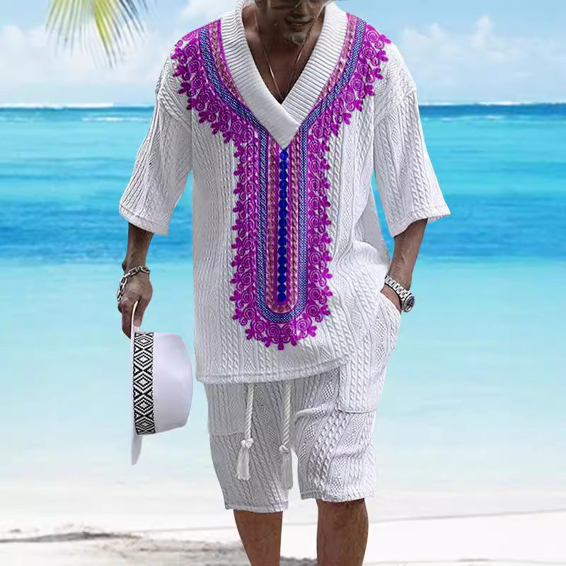 Printed Drop-shoulder Men's Knitted Short-sleeved Shorts Suit