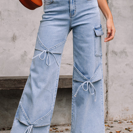 Beau Blue Bowknot Decor Boyfriend Cargo Jeans