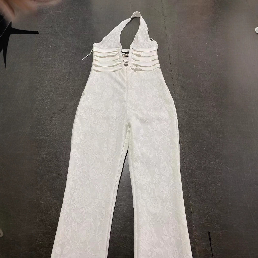 Sexy Lace Trousers Deep V Bandage Lace-up Halter Jumpsuit