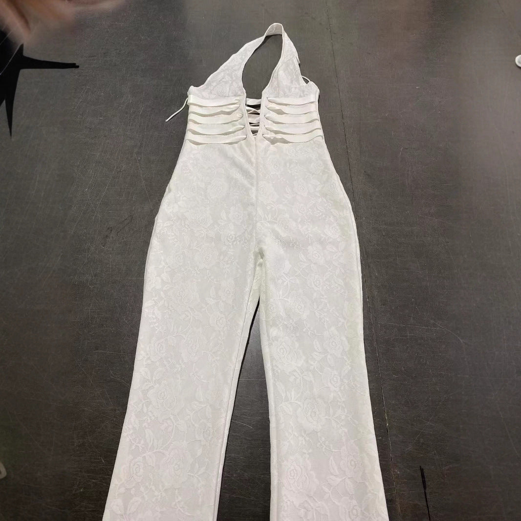 Sexy Lace Trousers Deep V Bandage Lace-up Halter Jumpsuit