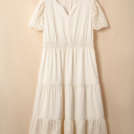 Apricot Plus Size V Neck Lacy Embroidery Patchwork Short Sleeve Maxi Dress