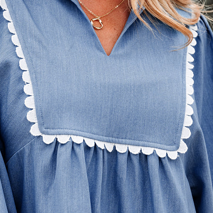 Dusk Blue Lace Ric Rac 3/4 Puff Sleeve Collared Babydoll Blouse