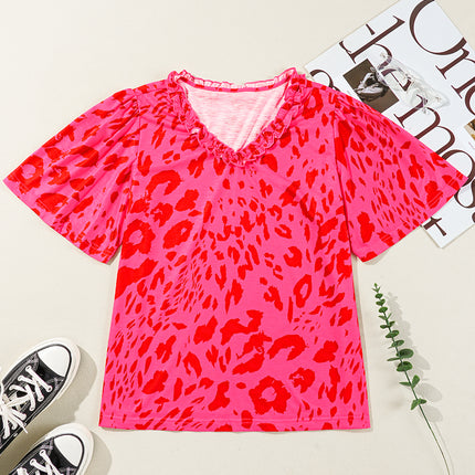 Rose Leopard Frilly V Neck Short Sleeve Blouse
