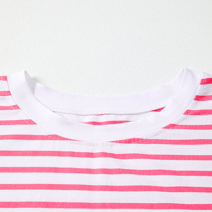 Pink Stripe Mixed Pattern Patchwork Uneven Hem Loose Tee