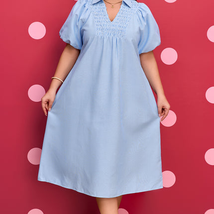 Sky Blue Stripe Shirred Detail Collar V Neck Plus Size Midi Dress
