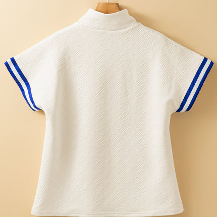 Beige Preppy Striped Trim Textured Quarter Zipper Colorblock Short Sleeve Top