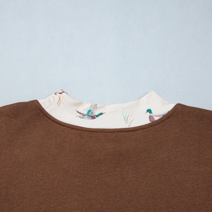 Coffee Plus Size Embroidered Trim Mallard Patch Contrast Trim Crewneck Sweatshirt
