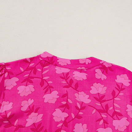 Rose Red Floral Print Pleated Drawstring Flowy Midi Dress