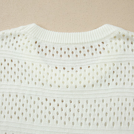White Plus Size Eyelet Hollow Out Knit Ribbed Trim Short Sleeve Dolman Sweater