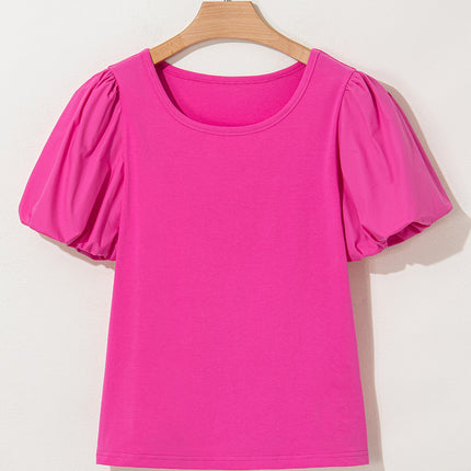 Strawberry Pink Casual Round Neck Bubble Sleeve T-shirt