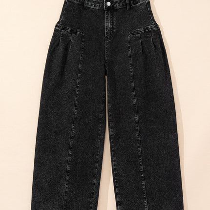 Dark Grey Pleated Wide Leg Mineral Wash Denim Pants