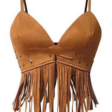 Womens Fringed Sleeveless Spaghetti-Strap Faux Suede Vintage Top