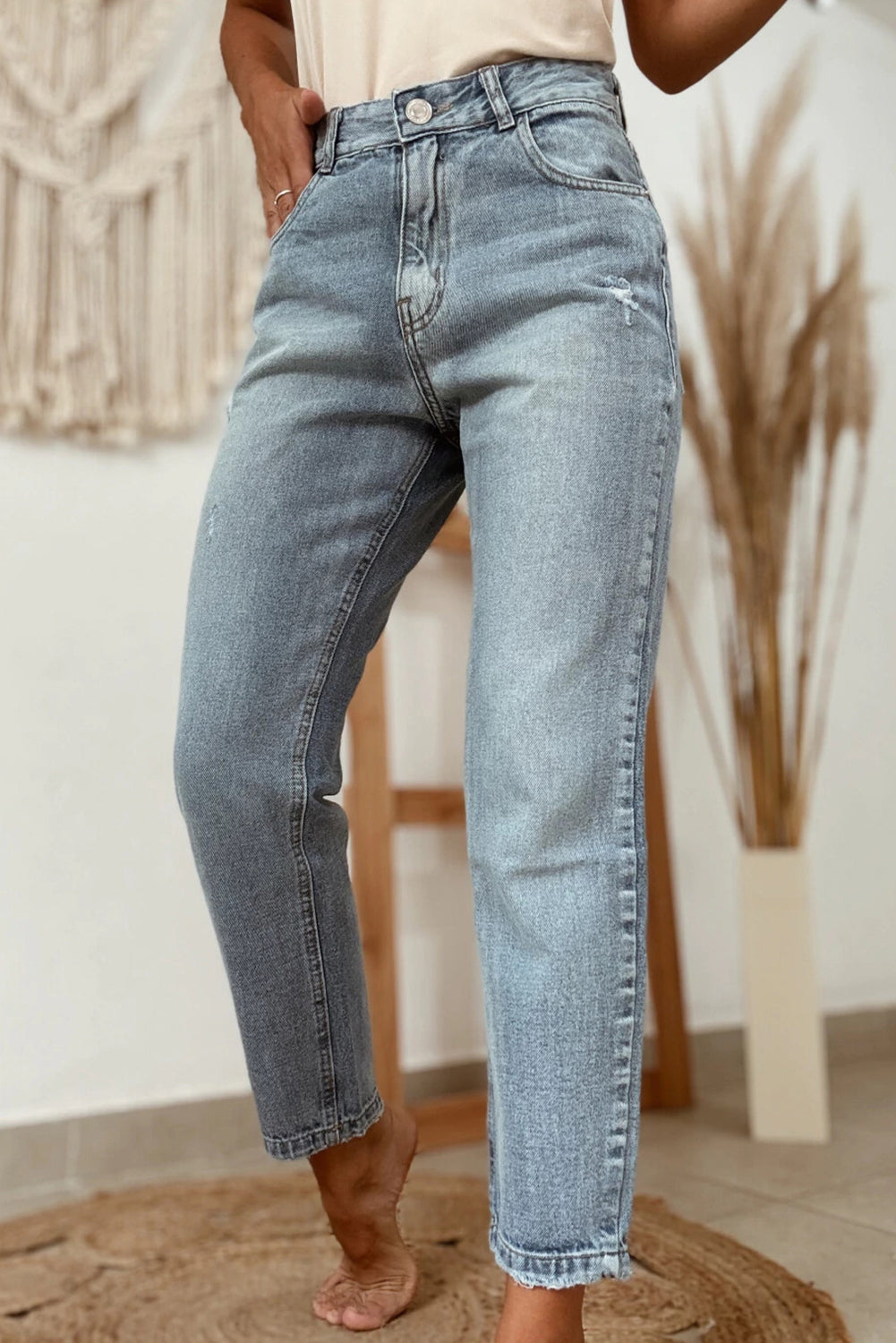 Beau Blue Slightly Distressed Ankle-length Straight Jeans