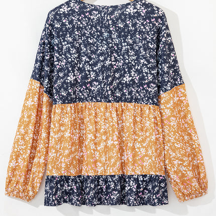Blue Floral Color Block Patchwork Ruffled Hem Round Neck Blouse
