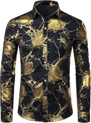3D Golden Rose Print Slim Fit Long Sleeve Formal Wear Shirt