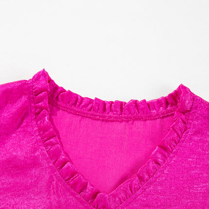 Rose Red Metallic Frilled V Neck Puff Sleeve Babydoll Blouse