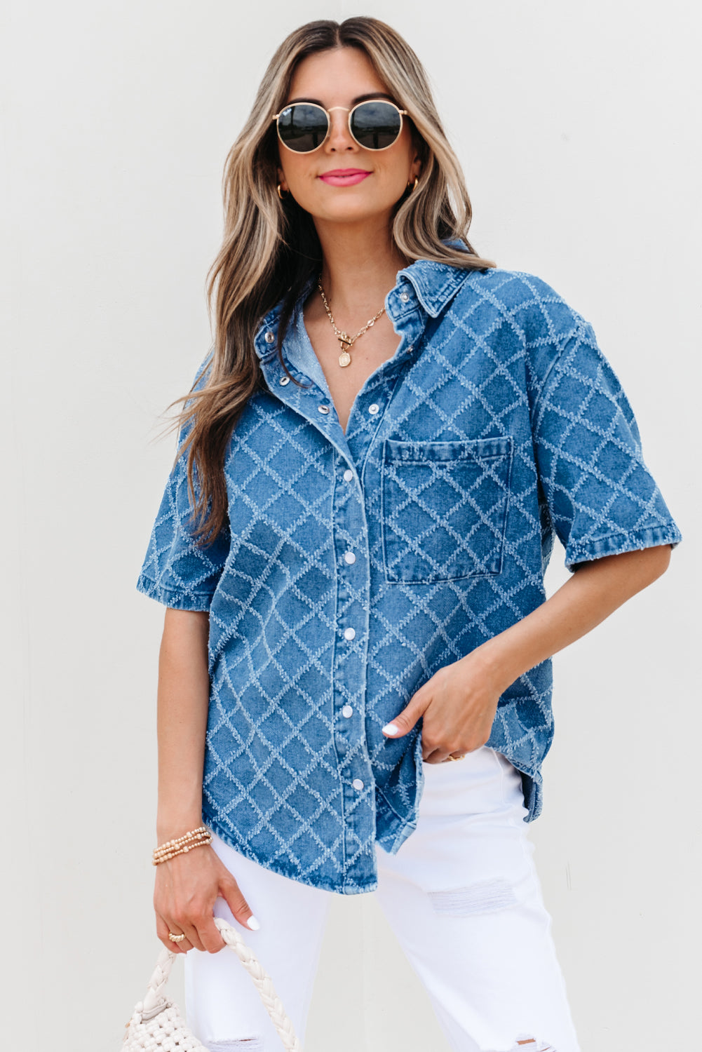 Dusk Blue Checkered Textured Short Sleeve Patched Pocket Denim Shirt