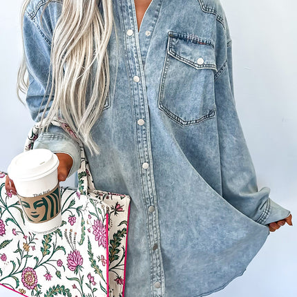 Beau Blue Chest Pocket Raw Hem Denim Loose Shirt Dress