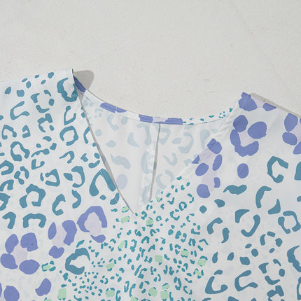 Sky Blue Mixed Leopard Print V Neck Short Sleeve Blouse