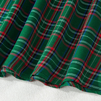 Green Tartan Plaid Square Neck Puff Sleeve Knot Waist Flared Midi Dress