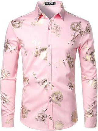 3D Golden Rose Print Slim Fit Long Sleeve Formal Wear Shirt