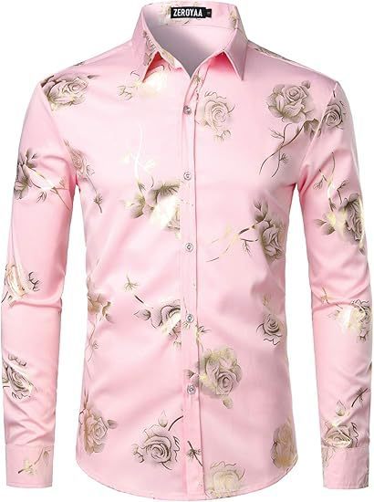 3D Golden Rose Print Slim Fit Long Sleeve Formal Wear Shirt