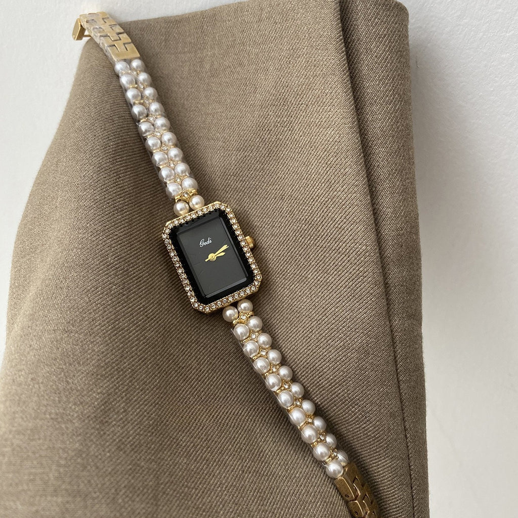 Silver Black Square Pearl Bracelet Diamond Fashion Quartz Watch