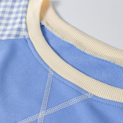 Light Blue Plaid Sleeve Ribbed Colorblock Trim Plus Size Sweatshirt