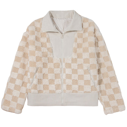 Khaki Checker Sherpa Corduroy Patchwork Zip up Collared Jacket