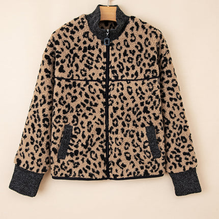 Khaki Leopard Print Zip Up Stand Neck Side Pocket Jacket