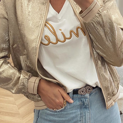 Pale Khaki Metallic Zip up Baseball Jacket