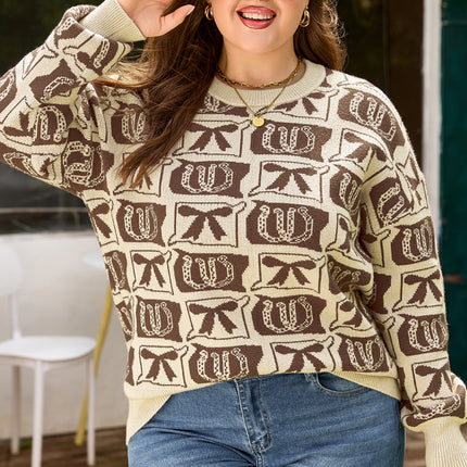Brown Bow Horseshoe Print Checkered Plus Size Sweater
