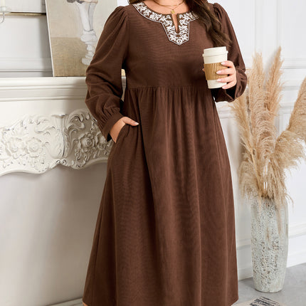 Coffee Embroidered Notched Neckline Textured Pleated High Waist Plus Size Midi Dress