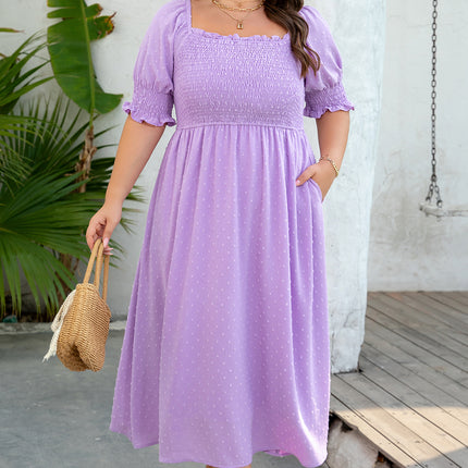 Wisteria Swiss Dot Smocked Frilled Neckline Short Sleeve Plus Size Dress