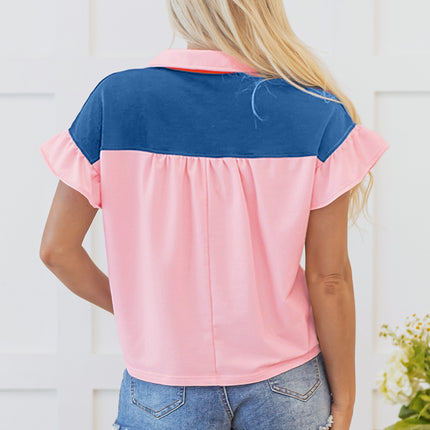 Gossamer Pink Color Block Half Buttoned Ruffled Short Sleeve T Shirt