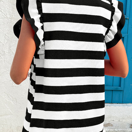 Black Stripe Flutter Sleeve Round Neck T Shirt