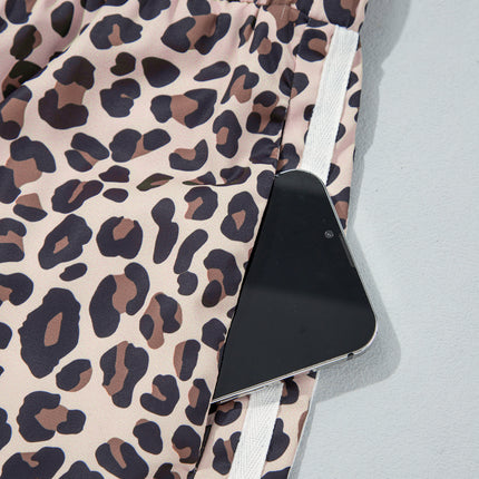 Beige Plus Size Leopard Print Side Stripes Detail Casual Pants