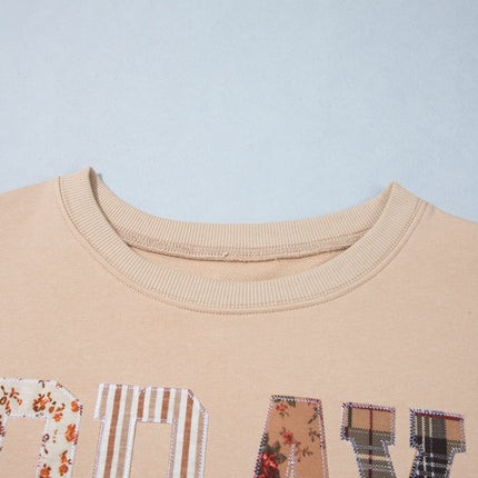 Coffee PRAY Letter Patchwork Round Neck Long Sleeve Plus Size Sweatshirt