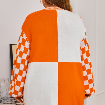 Orange Plus Size Checkered Bubble Sleeve Drop Shoulder Open Cardigan
