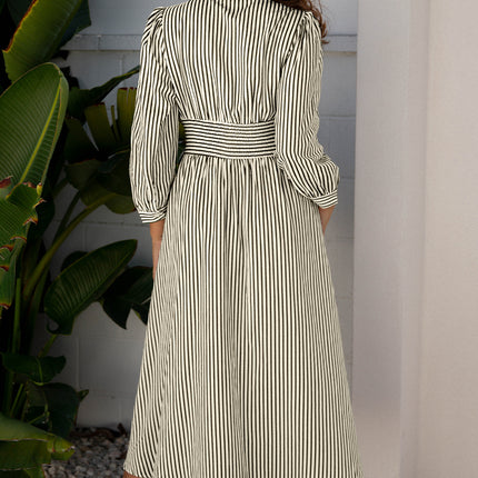 Black Stripe V Neck Zip Front Cinched High Waist Midi Dress
