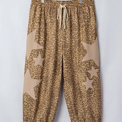 Khaki Plus Size Leopard Print Western Star Patched Jogger Pants