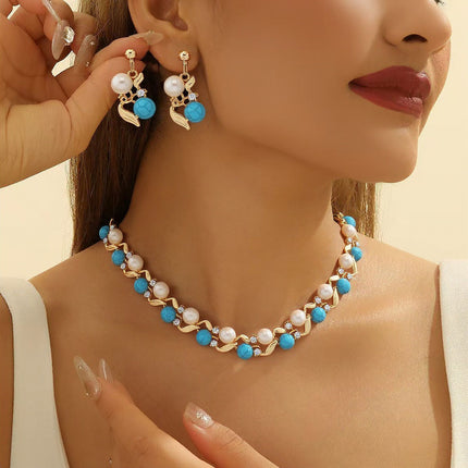 New Versatile Pearl Turquoise Necklace Earrings