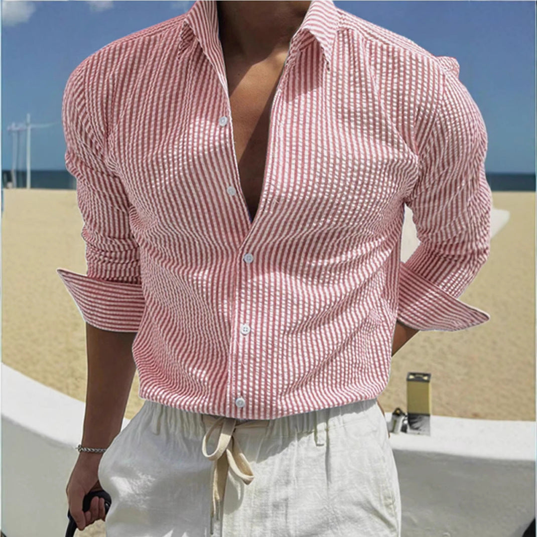 Fashion Striped Cardigan Lapel Long Sleeve Shirt